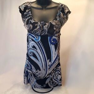 White House Black Market Blue & Black Paisley Print Ruffle Neck Top Size M